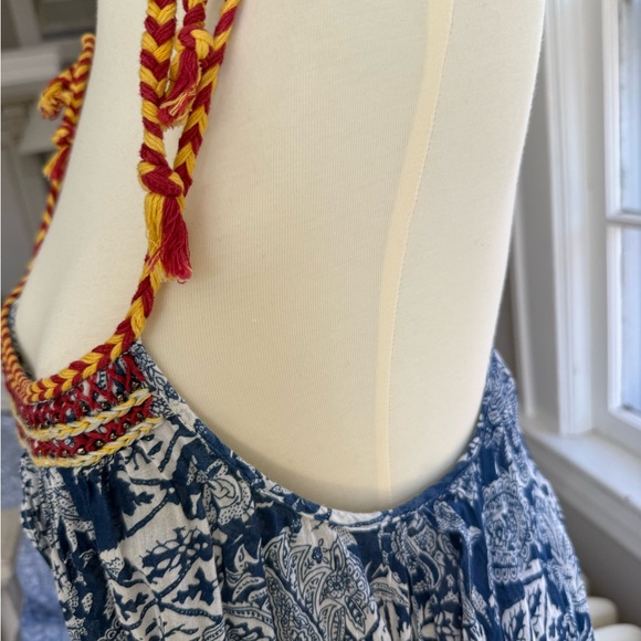 Free People Bohemian Blue Block Print Floral Tie-Shoulder Maxi Sun Dress S - Picture 7 of 12